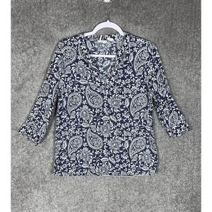Sigrid Olsen Linen V-Neck Floral Paisley Top Womens Size Small Blue White‎